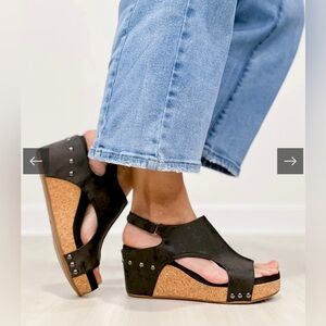Corkys Carley Black Cork Wedge Sandals Matte with Shine